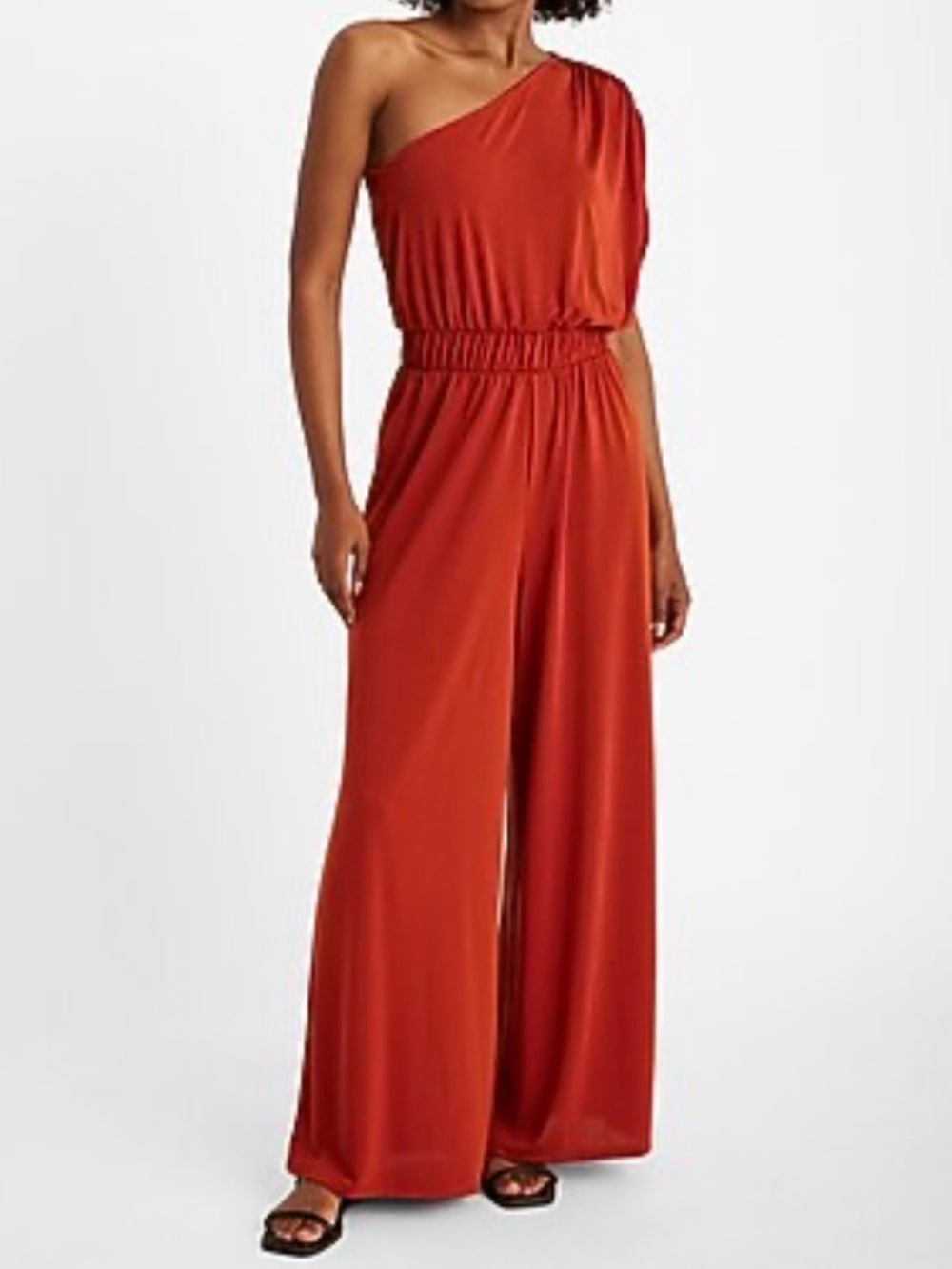 Express One-Shoulder Wide-Leg Jumpsuit in Rust in Size Small